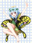  1girl :d \o/ arms_up barefoot blue_hair butterfly_wings eternity_larva full_body hair_between_eyes highres leaf leaf_on_head leaning_forward open_mouth outstretched_arms red_eyes ruu_(tksymkw) short_hair short_sleeves smile solo touhou wings 
