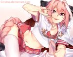  1boy :} arm_support astolfo_(fate) bangs black_bow blush bow braid cloak closed_mouth collarbone commentary crop_top deviantart_username eyebrows_visible_through_hair eyelashes eyes_visible_through_hair fang_out fate/apocrypha fate/grand_order fate_(series) finger_to_mouth fingernails fur-trimmed_cloak fur_collar girutea gradient gradient_background hair_between_eyes hair_bow hair_intakes hand_up index_finger_raised long_hair looking_at_viewer lying male_focus miniskirt multicolored_hair navel neckerchief on_side pink_background pink_hair pink_neckwear pleated_skirt raised_eyebrows red_sailor_collar red_skirt sailor_collar school_uniform serafuku shirt short_sleeves simple_background single_braid skirt sleeve_cuffs smile solo stomach streaked_hair thigh-highs tongue tongue_out trap two-tone_hair very_long_hair violet_eyes watermark web_address white_cloak white_hair white_legwear white_shirt 