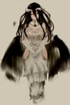  1girl albedo bare_shoulders black_hair black_wings breasts demon_girl demon_horns demon_wings dress elbow_gloves gloves hair_between_eyes horns large_breasts long_hair looking_at_viewer miyako_(miyako_lplover) overlord_(maruyama) simple_background smile solo thigh-highs thighs white_dress wings yellow_eyes 