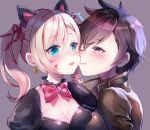  2girls alternate_costume alternate_eye_color animal_ears black_cat_d.va black_dress blonde_hair blue_eyes blush bomber_jacket bow bowtie breast_press breasts brown_eyes brown_jacket cat_ears cheek_kiss cleavage collarbone d.va_(overwatch) dress earrings enepuni eyebrows_visible_through_hair facepaint facial_mark goggles grey_background hair_ribbon heart heart_earrings jacket jewelry kiss leather leather_jacket lolita_fashion looking_at_another medium_breasts multiple_girls one_eye_closed open_mouth overwatch pink_bow pink_ribbon portrait ribbon short_hair simple_background smile spiky_hair surprise_kiss surprised sweatdrop symmetrical_docking tracer_(overwatch) twintails twitter_username yuri 