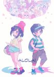  1boy 1girl alola_form alolan_exeggutor alolan_marowak alolan_meowth alolan_raichu backpack bag baseball_cap beanie bewear black_hair capri_pants cutiefly green_shorts handbag hat lurantis mizuki_(pokemon_sm) open_mouth oricorio pants pokemon pokemon_(creature) pokemon_(game) pokemon_sm red_hat rockruff sandygast shiinotic shirt short_hair short_sleeves shorts striped striped_shirt sweetholic tied_shirt you_(pokemon_sm) z-ring 