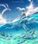  1girl blue_sky clouds day fish from_behind highres long_hair motion_blur one-piece_swimsuit original partially_submerged sky solo star_(sky) starry_sky swimsuit water watermark web_address wenqing_yan whale white_hair wind 
