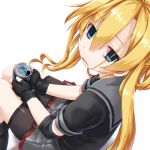  1girl abukuma_(kantai_collection) bangs bike_shorts black_gloves blonde_hair blue_eyes can commentary_request dd_(ijigendd) double_bun empty_eyes energy_drink gloves hair_between_eyes hair_rings kantai_collection long_hair looking_at_viewer monster_energy open_mouth partly_fingerless_gloves pleated_skirt school_uniform serafuku short_sleeves shorts_under_skirt skirt solo 