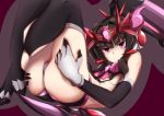  1girl 3104bnb ass bangs black_gloves black_hair black_legwear blunt_bangs blush breasts commentary_request elbow_gloves frown gloves headgear highres knees_up long_hair looking_at_viewer pink_eyes revealing_clothes senki_zesshou_symphogear senki_zesshou_symphogear_xd_unlimited shiny shiny_hair simple_background small_breasts solo thigh-highs tsukuyomi_shirabe twintails 