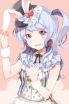  1girl :d animal_ears bang_dream! bangs black_neckwear blue_hair bow chains earrings frills hair_tie hand_on_ear hand_on_own_chest hat hat_bow hat_ornament heart heart_earrings jewelry long_hair looking_at_viewer matsubara_kanon neck_ribbon one_side_up open_mouth playing_card_print rabbit_ears ribbon smile solo top_hat upper_body violet_eyes wristband yae_(eky_567) 
