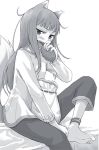  1girl animal_ears anklet ayakura_juu barefoot bed_sheet bread eating food greyscale holding holding_food holo jewelry long_hair monochrome novel_illustration official_art open_mouth pants shirt sitting solo spice_and_wolf tail very_long_hair white_background wolf_ears wolf_tail 