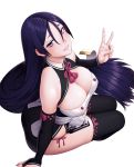  1girl amase_(yagami666) black_gloves black_legwear breasts cleavage elbow_gloves fate/grand_order fate_(series) gloves highres large_breasts long_hair looking_at_viewer looking_up minamoto_no_raikou_(fate/grand_order) purple_hair simple_background sitting smile solo thigh-highs v violet_eyes white_background 