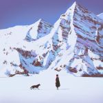  1girl animal black_hair blue_sky coat ilya_kuvshinov mountain original outdoors scarf sky snow solo standing 