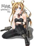  1girl abukuma_(kantai_collection) adapted_costume black_footwear black_legwear black_leotard blonde_hair blue_eyes boots character_name dated detached_collar double_bun full_body hair_rings kantai_collection leotard long_hair looking_at_viewer machinery neck_ribbon pantyhose playboy_bunny_leotard red_ribbon remodel_(kantai_collection) ribbon shadow simple_background sitting solo strapless strapless_leotard tatsumi_rei torpedo white_background wrist_cuffs 