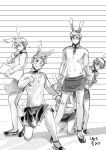  5boys abs absurdres animal_ears axis_powers_hetalia blush bow bowtie character_request choker fake_animal_ears glasses greyscale grin hand_on_own_chin hiding highres himaruya_hidekazu holding kneeling looking_at_viewer monochrome multiple_boys navel necktie official_art one_knee rabbit_ears ribbon shadow shirtless short_hair smile standing wrist_cuffs 