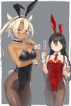  2girls alcohol animal_ears bangs bare_shoulders black_hair black_legwear black_leotard black_neckwear blonde_hair blush bow bowtie breasts bunny_girl bunny_tail bunnysuit champagne_flute cleavage collarbone cup dark_skin detached_collar drinking_glass eyebrows_visible_through_hair fake_animal_ears gahaku glasses gluteal_fold hair_between_eyes hairband kantai_collection large_breasts leotard long_hair mini_necktie multiple_girls musashi_(kantai_collection) necktie ooyodo_(kantai_collection) pantyhose rabbit_ears red_eyes red_leotard red_neckwear semi-rimless_eyewear simple_background small_breasts smile strapless strapless_leotard tail thigh_gap twintails wrist_cuffs 