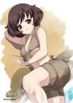  1girl akiyama_yukari arm_behind_head arm_support bangs breasts brown_background brown_eyes brown_hair brown_shirt brown_shorts casual cleavage closed_mouth commentary_request crop_top dated excel_(shena) eyebrows_visible_through_hair front-tie_top girls_und_panzer highres looking_at_viewer lying medium_breasts messy_hair midriff navel on_side shirt short_hair short_shorts shorts sleeveless sleeveless_shirt smile solo twitter_username under_boob 