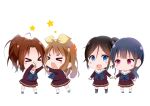  &gt;_&lt; 4girls anger_vein black_hair black_legwear blonde_hair blue_eyes blush_stickers brown_hair brown_shirt brown_skirt chibi hand_holding hibike!_euphonium kasaki_nozomi komugiko long_hair long_sleeves multiple_girls nakagawa_natsuki open_mouth pleated_skirt ponytail red_eyes school_uniform serafuku shirt skirt skirt_set socks star white_background white_legwear yoroizuka_mizore yoshikawa_yuuko 