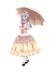  1girl absurdres black_footwear bow chahei dress frilled_dress frilled_sleeves frills green_eyes hairband highres holding holding_umbrella kantai_collection long_dress long_hair open_mouth red_ribbon ribbon shoes shoukaku_(kantai_collection) silver_hair simple_background smile umbrella white_legwear 