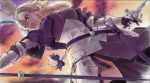  1girl armor armored_dress bangs belt belt_buckle black_legwear bow braid breasts brown_belt buckle clouds dress dutch_angle fate/apocrypha fate_(series) flag hair_bow hanabusa_(xztr3448) headpiece highres holding holding_flag holding_sword holding_weapon jeanne_d&#039;arc_(fate) jeanne_d&#039;arc_(fate)_(all) legs_apart long_hair medium_breasts open_mouth outdoors outstretched_arm purple_bow purple_dress single_braid solo standing sword teeth thigh-highs twilight violet_eyes weapon zettai_ryouiki 