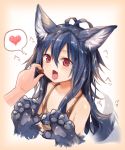  1girl animal_ears antenna_hair bangs blue_hair blush breasts chocolate chocolate_heart eyebrows_visible_through_hair fang fenrir_(shingeki_no_bahamut) granblue_fantasy hair_between_eyes heart highres long_hair looking_at_viewer open_mouth paws red_eyes shingeki_no_bahamut sideboob simple_background solo_focus spoken_heart sukemyon tail tail_wagging tongue tongue_out upper_body wolf_ears wolf_tail 