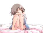  androgynous bangs bare_legs bare_shoulders barefoot bed_sheet blue_jacket blush brown_hair closed_eyes convenient_leg eyebrows eyebrows_visible_through_hair feet frisk_(undertale) full_body hand_on_own_knee hand_up hood hood_down hooded_jacket jacket legs long_sleeves off_shoulder orange_skin rikuo_(whace) short_hair signature simple_background sitting solo undertale white_background 