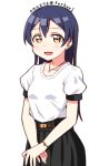  1girl bangs blue_hair blush bracelet commentary_request earrings hair_between_eyes jewelry long_hair looking_at_viewer love_live! love_live!_school_idol_project necklace open_mouth simple_background skull573 smile solo sonoda_umi white_background yellow_eyes 