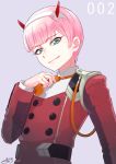  1boy bangs commentary_request darling_in_the_franxx eyebrows_visible_through_hair genderswap genderswap_(ftm) green_eyes hairband horns orange_neckwear pink_hair smirk ssalbaram tongue tongue_out uniform white_hairband zero_two_(darling_in_the_franxx) 