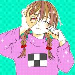  1girl bad_id bad_pixiv_id braid brown_hair cheek_pinching long_hair madotsuki nail_polish pinching pink_shirt red_eyes shirt solo sweater twin_braids twintails yume_nikki 