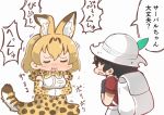  2girls animal_ears backpack bag bent_elbows black_gloves blush bow bowtie chibi closed_eyes commentary_request extra_ears full-face_blush gloves hat_feather helmet horizontal_stripes kaban_(kemono_friends) kemono_friends multiple_girls pith_helmet print_gloves red_shirt serval_(kemono_friends) serval_ears sexually_suggestive shirt short_hair short_sleeves simple_background striped striped_shirt striped_tail tail tanaka_kusao translation_request white_background you&#039;re_doing_it_wrong 