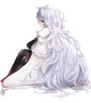  1girl azur_lane bangs black_gloves black_legwear coat eyebrows_visible_through_hair fur-trimmed_coat fur_trim gloves graf_zeppelin_(azur_lane) hair_between_eyes hanayou hat hat_removed headwear_removed long_hair looking_at_viewer looking_back messy_hair military military_uniform pantyhose peaked_cap red_eyes silver_hair sitting solo uniform very_long_hair 