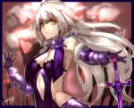  1girl absurdres breasts cleavage elbow_gloves eyebrows_visible_through_hair fate/apocrypha fate/grand_order fate_(series) gauntlets gloves highres jeanne_d&#039;arc_(alter)_(fate) jeanne_d&#039;arc_(fate)_(all) kisaragi_(legobionicle23) long_hair medium_breasts navel_cutout revealing_clothes sideboob silver_hair solo sword weapon yellow_eyes 