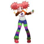  1girl breasts brown_eyes capcom eyeshadow full_body hand_on_own_cheek iroaya_madoi makeup mikan_(aquacomet) pants pink_hair rockman rockman_exe shirt shoes simple_background smile sneakers solo standing t-shirt white_background 