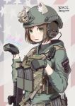  1girl absurdres alma01 ammunition_belt animal_ears artist_name assault_rifle bangs black_gloves black_shirt brown_hair bulletproof_vest camouflage cat_ears character_name commentary cuffs emblem english fake_animal_ears fang gloves green_eyes green_jacket gun handcuffs headset helmet highres jacket long_sleeves magazine_(weapon) name_tag original parted_lips paw_pose police rifle scope shirt signature smile solo star swept_bangs tactical_clothes twitter_username united_states_marshal weapon weapon_request 