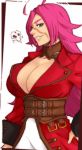  1girl ahoge blue_eyes breasts cleavage detached_collar fate/extra fate/grand_order fate_(series) francis_drake_(fate) green_eyes grin hand_on_hip huge_ahoge jacket large_breasts lips long_hair multiple_belts neko_majin no_bra pink_hair red_jacket scar sideways_mouth smile solo very_long_hair wrist_cuffs 