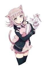  &gt;_o 1girl :o absurdres animal_ears backpack bag black_hoodie black_legwear blush cat_ears cat_tail cropped_legs dangan_ronpa eyebrows_visible_through_hair flying frills hair_ornament hairpin heart highres holding holding_wand hood hood_down hoodie kemonomimi_mode long_sleeves miniskirt monomi_(dangan_ronpa) nanami_chiaki neck_ribbon one_eye_closed open_clothes open_hoodie open_mouth pink_eyes pink_neckwear pink_ribbon pink_skirt pleated_skirt rabbit ribbon shiny shiny_hair short_hair silver_hair simple_background skirt sleeves_past_wrists ssumbi standing super_dangan_ronpa_2 tail thigh-highs wand white_background zettai_ryouiki 