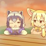  2girls :3 animal_ears black_gloves black_neckwear blonde_hair bow bowtie breast_pocket brown_eyes chin_rest colo_(frypan_soul)_(style) common_raccoon_(kemono_friends) dated evening fennec_(kemono_friends) fox_ears fur_collar fur_trim gloves grey_hair jitome kemono_friends lens_flare looking_at_another multicolored_hair multiple_girls one_eye_closed outdoors pink_sweater pocket raccoon_ears rinya_(makaroni-rinya) short_sleeve_sweater sky sparkle sweater tears twitter_username upper_body white_gloves yellow_neckwear 