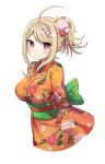  1girl ahoge akamatsu_kaede alternate_costume alternate_hairstyle bangs beamed_quavers blonde_hair blush bow breasts cropped_torso dangan_ronpa eyebrows_visible_through_hair floral_print flower green_bow hair_flower hair_ornament highres japanese_clothes kimono large_breasts long_hair long_sleeves looking_at_viewer musical_note musical_note_hair_ornament new_dangan_ronpa_v3 obi orange_kimono pink_flower ponytail print_kimono red_ribbon ribbon sash shiny shiny_hair sidelocks simple_background solo sparkle ssumbi swept_bangs underbust upper_body violet_eyes white_background wide_sleeves 
