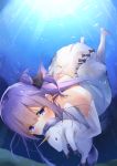  1girl azur_lane bangs black_bow black_ribbon bow doll_hug dress eyebrows_visible_through_hair floating_hair hair_bun highres light_rays long_hair object_hug one_side_up purple_hair ribbon side_bun solo stuffed_animal stuffed_pegasus stuffed_toy stuffed_unicorn sunlight tsukimineko underwater unicorn_(azur_lane) violet_eyes water white_dress white_legwear 