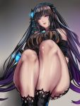  1girl black_hair breasts character_request curvy destiny_child detached_sleeves highres kumiko_shiba large_breasts long_hair pantyhose sheer_legwear sitting soft_focus solo violet_eyes 