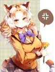  1girl absurdres anger_vein animal_ears blonde_hair bow bowtie brown_hair drill_hair flower golden_tabby_tiger_(kemono_friends) highres kanzakietc kemono_friends long_hair miniskirt multicolored_hair pleated_skirt skirt solo tail tiger_ears tiger_tail two-tone_hair white_hair yellow_eyes 