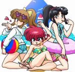  1girl 2boys bikini blown_kiss genderswap genderswap_(mtf) konatsu_(ranma) kurenai_tsubasa lipstick makeup multiple_boys ponytail ranma-chan ranma_1/2 saotome_ranma sarong shaved_ice shirt shorts swimsuit tied_shirt trait_connection trap wantan-orz 