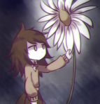  1girl bags_under_eyes brown_hair care daisy flower messy_hair muted_color no_mouth pale_skin petscop pulling wide-eyed yatsunote 
