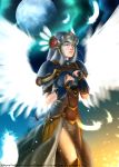 1girl armor armored_dress blue_armor breastplate breasts dog_hate_burger feathers helmet lenneth_valkyrie long_hair shoulder_pads silver_hair solo valkyrie valkyrie_profile very_long_hair winged_helmet wings 