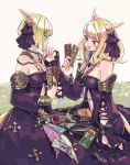  2girls animal_ears astrologian_(final_fantasy) bare_shoulders blonde_hair blue_eyes breasts cat_ears cat_tail cleavage detached_sleeves dress facial_mark fang final_fantasy final_fantasy_xiv hair_ornament highres hiyo_moo jewelry long_hair looking_at_another medium_breasts miqo&#039;te multicolored_hair multiple_girls open_mouth pendant red_eyes ring short_hair sitting tail two-tone_hair 