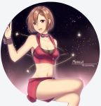  1girl absurdres bare_shoulders breasts brown_hair cleavage crop_top highres legs_crossed medium_breasts meiko meiko_(vocaloid3) midriff miniskirt nail_polish navel open_mouth red_eyes red_neckwear red_skirt short_hair sitting skirt smile solo star_(sky) vocaloid yen-mi 