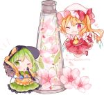  2girls ;d ;o ascot bent_knees black_hat blonde_hair blouse bottle bow chibi collared_blouse commentary_request diamond_(shape) eyebrows eyebrows_visible_through_hair eyelashes flandre_scarlet floating flower_request frilled_skirt frills gem green_eyes green_hair green_skirt hair_ribbon hat hat_bow heart heart_of_string knees_together komeiji_koishi leaf looking_at_viewer mary_janes medium_hair mob_cap moko_(3886397) multiple_girls one_eye_closed open_mouth orange_blouse orange_bow petals puffy_short_sleeves puffy_sleeves red_eyes red_footwear red_ribbon red_skirt red_vest ribbon shirt shoes short_sleeves side_ponytail simple_background skirt sleeves_past_fingers smile standing third_eye touhou triangle twitter_username vest white_background white_shirt wings wrist_cuffs yellow_neckwear 