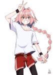  1boy :d absurdres arm_above_head arm_up astolfo_(fate) bangs black_bow black_legwear blush bow braid collarbone commentary_request cowboy_shot double_vertical_stripe drawstring eyebrows_visible_through_hair eyelashes fang fate/apocrypha fate_(series) gym_shirt gym_shorts hair_between_eyes hair_bow hair_intakes highres long_hair looking_at_viewer male_focus multicolored_hair open_mouth pink_hair red_shorts shirt short_sleeves shorts signature simple_background single_braid sketch smile solo standing streaked_hair t-shirt thigh-highs trap two-tone_hair v v-shaped_eyebrows very_long_hair violet_eyes white_background white_hair white_shirt wristband 