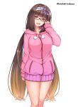  1girl :d adjusting_eyewear arm_at_side benitsuki_tsubasa blonde_hair blush bow breasts brown_hair drawstring fate/grand_order fate_(series) feet_out_of_frame glasses hair_bow hairband half-closed_eyes hand_up head_tilt hood hoodie legs_together long_hair long_sleeves looking_at_viewer low_twintails medium_breasts no_pants open_mouth osakabe-hime_(fate/grand_order) pink_hoodie pocket pom_pom_(clothes) purple_bow red-framed_eyewear red_eyes simple_background sleeves_past_wrists smile solo standing thighs twintails twitter_username two-tone_hairband very_long_hair white_background zipper 