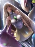  1girl armpits artist_name bare_arms bare_shoulders between_breasts blonde_hair blurry blurry_background breasts clefable depth_of_field dress dutch_angle emerald erect_nipples gem gen_1_pokemon gen_3_pokemon green_eyes hand_on_hip large_breasts layered_dress leggings lens_flare light_smile limgae lips long_hair looking_at_viewer lusamine_(pokemon) milotic parted_lips pokemon pokemon_(creature) pokemon_(game) shiny shiny_clothes sleeveless sleeveless_dress standing v very_long_hair watermark web_address white_dress 