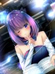  1girl absurdres bare_shoulders blurry book depth_of_field detached_collar detached_sleeves dutch_angle fate/grand_order fate_(series) finger_to_mouth helena_blavatsky_(fate/grand_order) highres looking_at_viewer one_eye_closed open_book purple_hair short_hair smile solo strapless suisen-21 tree_of_life violet_eyes 