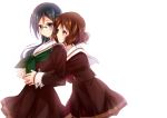  2girls black_hair blush brown_hair brown_shirt brown_skirt hibike!_euphonium hug hug_from_behind komugiko long_hair long_sleeves looking_at_another multiple_girls oumae_kumiko school_uniform shirt short_hair skirt skirt_set smile tanaka_asuka wavy_hair white_background yuri 