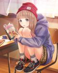  1girl absurdres book brown_hair chair desk full_body grey_eyes hat highres holding holding_book hood hooded_sweater indoors kishida_mel long_hair open_book open_mouth open_window purple_sweater red_hat school_fanfare sitting socks solo sweater wooden_floor 