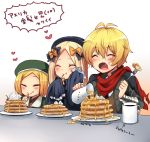  1boy 2girls :o :t ^_^ abigail_williams_(fate/grand_order) antenna_hair bangs beret billy_the_kid_(fate/grand_order) black_bow black_dress black_hat black_jacket blonde_hair bow brown_shirt brown_vest cherry closed_eyes closed_mouth collared_shirt commentary_request cup dress eating eyebrows_visible_through_hair fang fate/grand_order fate_(series) food fork fruit green_hat green_jacket hair_between_eyes hair_bow hand_on_own_cheek hat heart holding holding_fork jacket jug long_hair long_sleeves marimo_danshaku mug multiple_girls open_mouth orange_bow pancake parted_bangs paul_bunyan_(fate/grand_order) pouring red_scarf scarf shirt sleeves_past_fingers sleeves_past_wrists stack_of_pancakes syrup torn_scarf translation_request very_long_hair vest whipped_cream white_shirt 