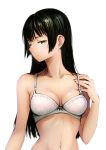  1girl absurdres bangs black_hair bra breasts bright_pupils collarbone expressionless facing_away green_eyes hand_on_own_chest highres hime_cut long_hair medium_breasts navel original simple_background solo toruneko underwear white_background white_bra white_pupils 